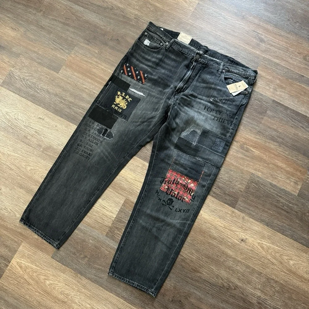 Polo Ralph Lauren Jeans Mens 44Bx30 Black Varick Slim Straight Patchwork Grunge
